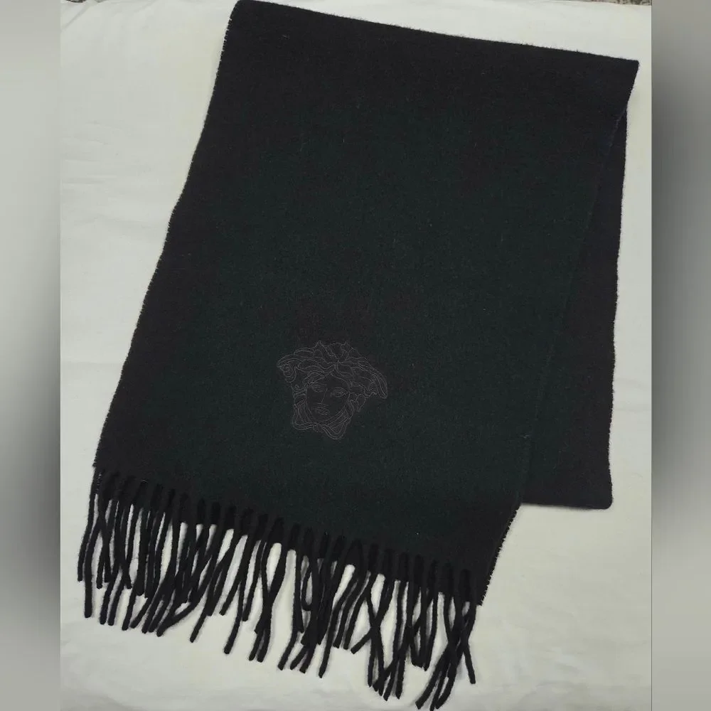 Versace Wool Medusa Logo Embroidered Fringe Scarf